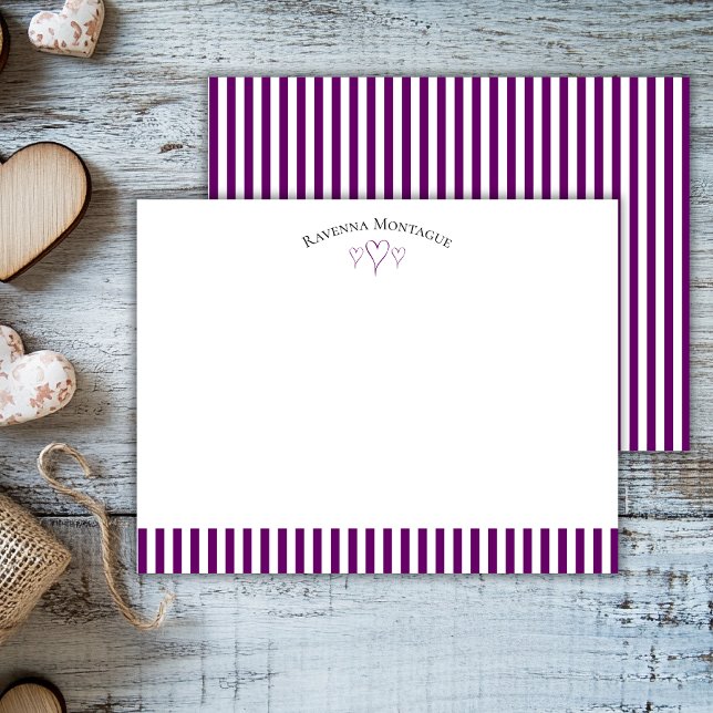 Cartão De Notas Plum Purple Modern Open Hearts Striped Note Card (Criador carregado)