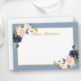 Cartão De Notas Pó Floral Rosa em Aquarela Azul Poeira - Escolha o