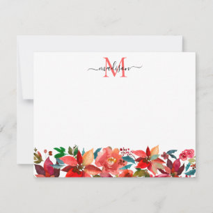Cartão De Notas Poinsettia Vermelha Floral Monograma Natal Férias