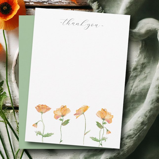 Cartão De Notas Poppias Laranja De Aquarela Agradeço A Sua Carta (Wedding thank you notecard watercolor orange poppy flowers art by Victoria Grigaliunas)