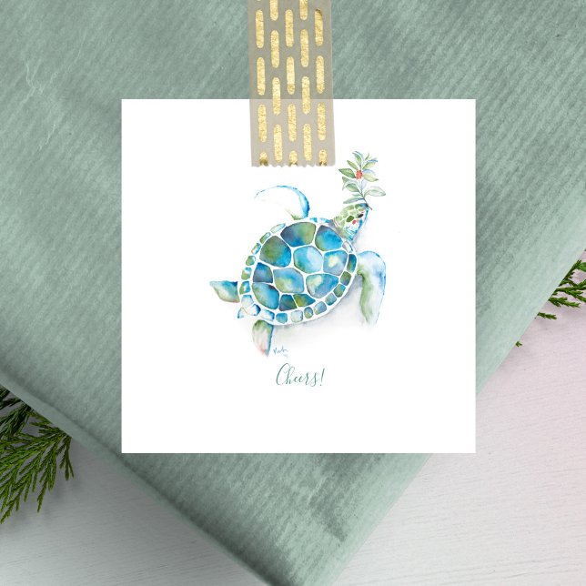 Cartão De Notas Praia da Tartaruga Marinha Mini Natal (Sea turtle Christmas note cards  watercolor art by Victoria Grigaliunas)