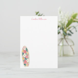 Cartão De Notas Prancha de Surf Floral Rosa Aquarela Nome Personal