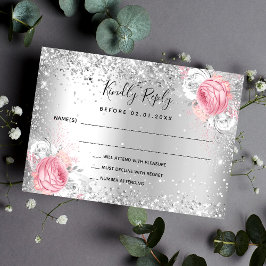Cartão De Notas Prata cor-de-rosa floral branco brilhante RSVP de