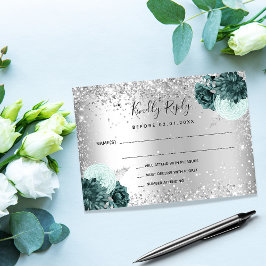 Cartão De Notas Prata verde floral brilhante RSVP