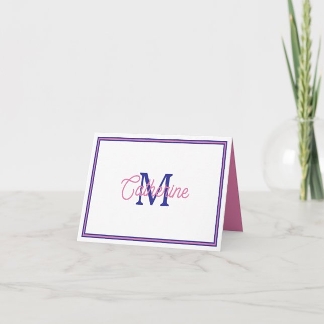 Cartão De Notas Preppy Pink and Navy Blue Simple Monogram (Frente)