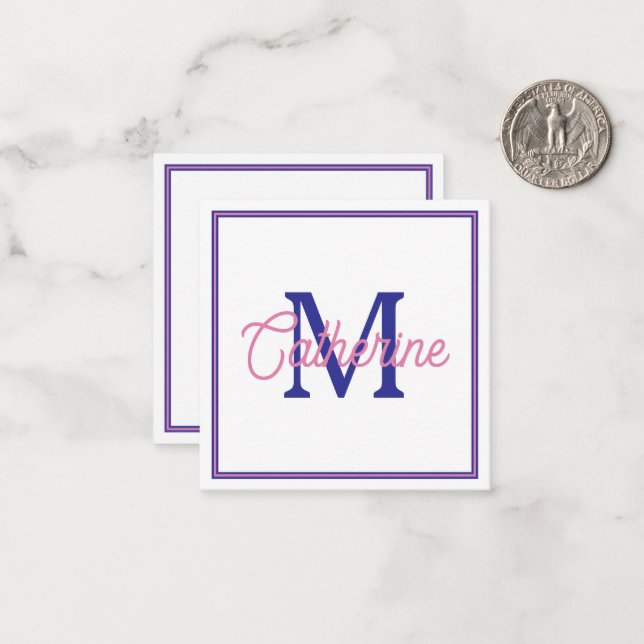 Cartão De Notas Preppy Pink and Navy Blue Simple Monogram (Frente/Verso In Situ)