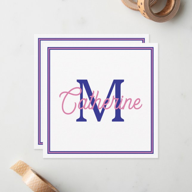 Cartão De Notas Preppy Pink and Navy Blue Simple Monogram (Frente/Verso In Situ)