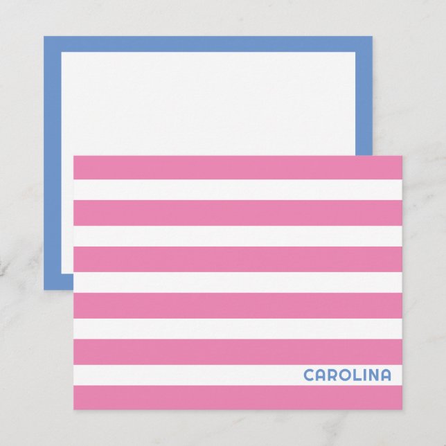 Cartão De Notas Preppy Stripes Pink & Cornflower Blue Girly (Frente/Verso)