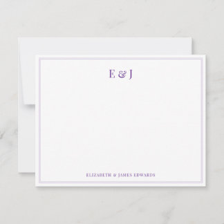 Cartão De Notas Purple Double Border Elegant Couple Monogram