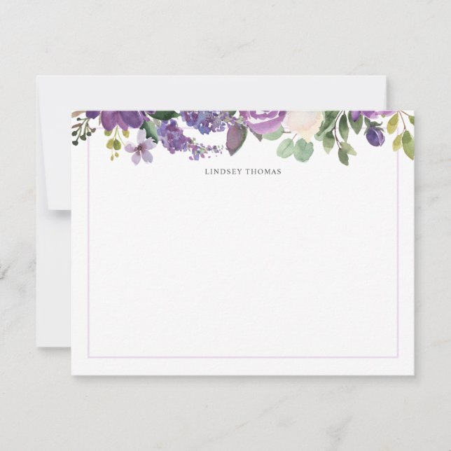 Cartão De Notas Purple Watercolor Floral Personalized Stationery (Frente)