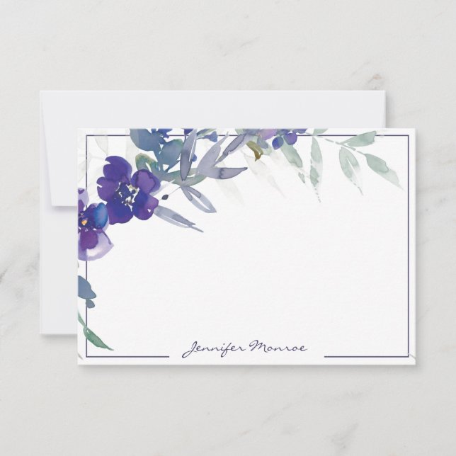 Cartão De Notas Púrpura aquarela floral personalizada (Frente)