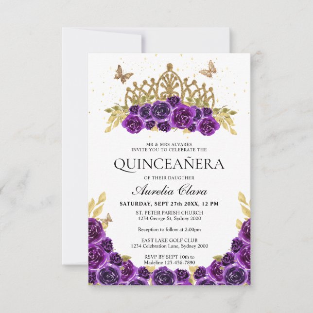 Cartão De Notas Púrpura Floral Dourada Tiara Quinceanera (Frente)