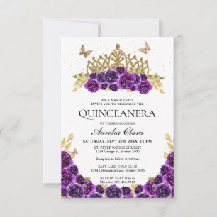 Cartão De Notas Púrpura Floral Dourada Tiara Quinceanera