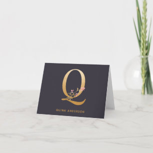 Cartão De Notas Q Monograma Floral Dourado Elegante Personalizado