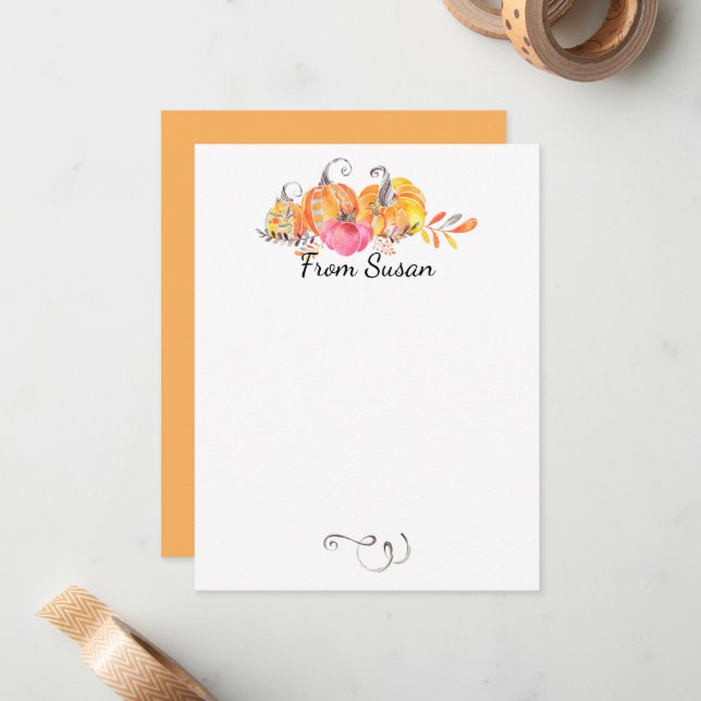 Cartão De Notas Queda de outono no Halloween Pumpkins Aquarela (Frente/Verso In Situ)