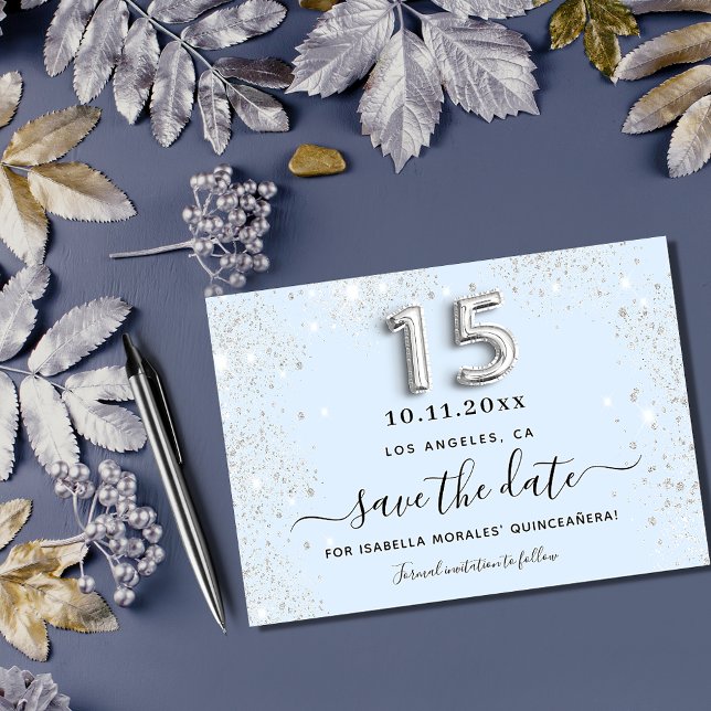 Cartão De Notas Quinceanera bebê azul prata salve a data (Criador carregado)