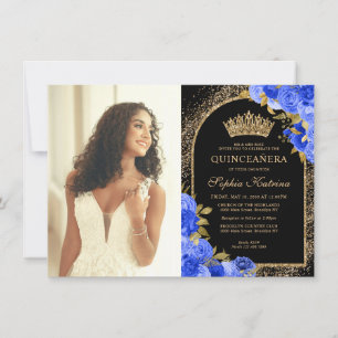Cartão De Notas Quinceanera com Foto Floral Dourada Azul