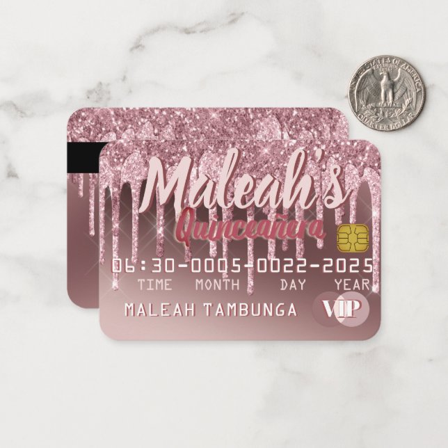 Cartão De Notas Quinceañera Dark Rosa Dourado e Colírio Rosa (Frente/Verso In Situ)