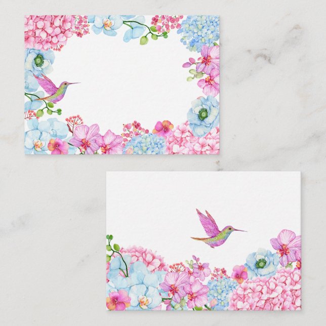 Cartão De Notas Ramal floral azul-pastel com ave (Frente/Verso)