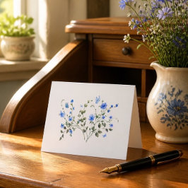 Cartão De Notas Ramalhete Floral Azul e Aquarela de Borboleta