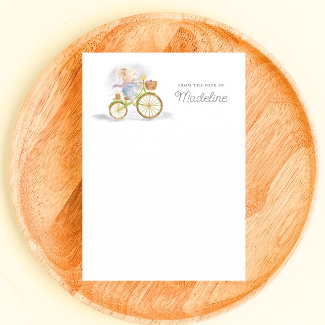 Cartão De Notas Rato Fofo Da Escrivaninha de Papelaria Personaliza (Front - Simple Chic Cute Mouse on Vintage Bicycle From the Desk of Personalized Stationery Note Card)