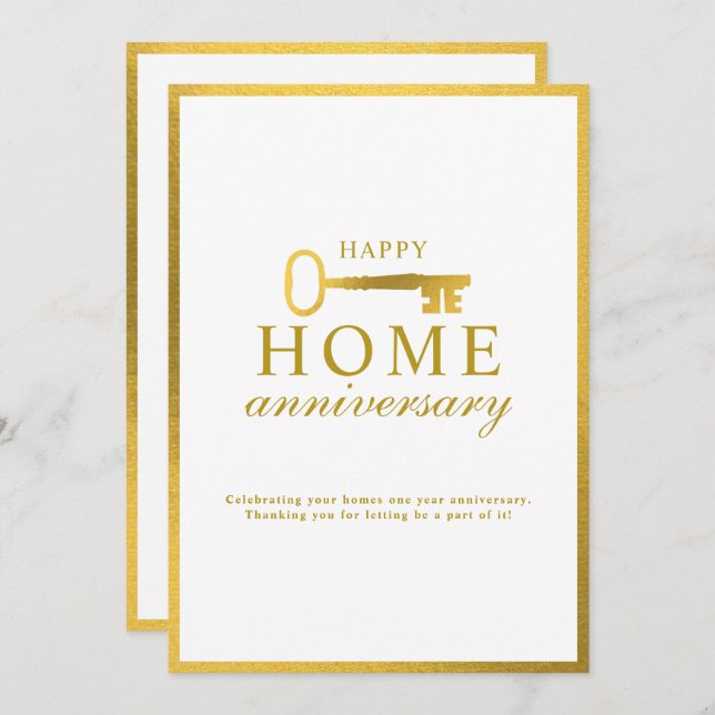 Cartão De Notas Real Estate Agent Happy Home Anniversary Gold Key (Frente/Verso)