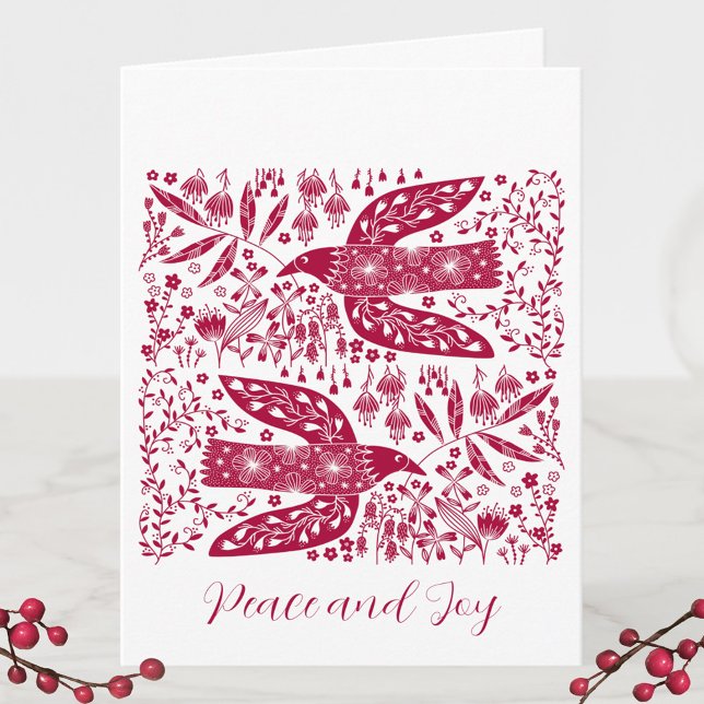Cartão De Notas Red Bird Christmas (Peace doves red and white bird and flower Holiday card)
