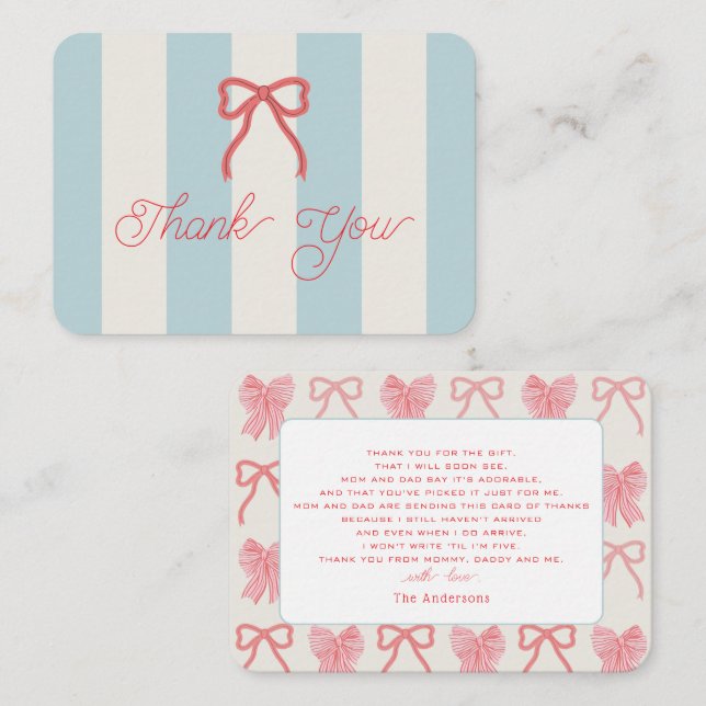 Cartão De Notas Red Bow & Blue Stripes Baby Shower Thank You (Frente/Verso)