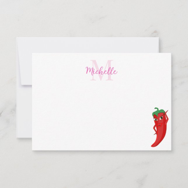 Cartão De Notas Red Hot Pepper Diva Cute Custom Monogram (Frente)