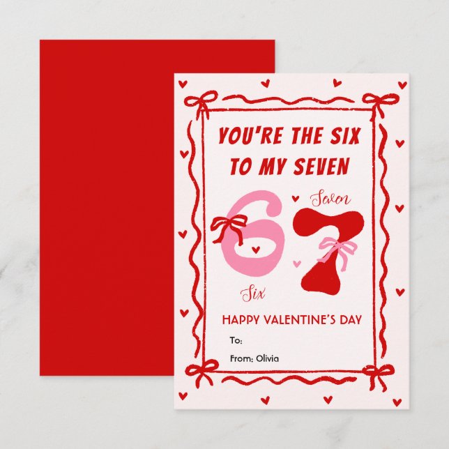 Cartão De Notas Red Pink 6 7 Meme Coquette Bow Valentines Day Card (Frente/Verso)