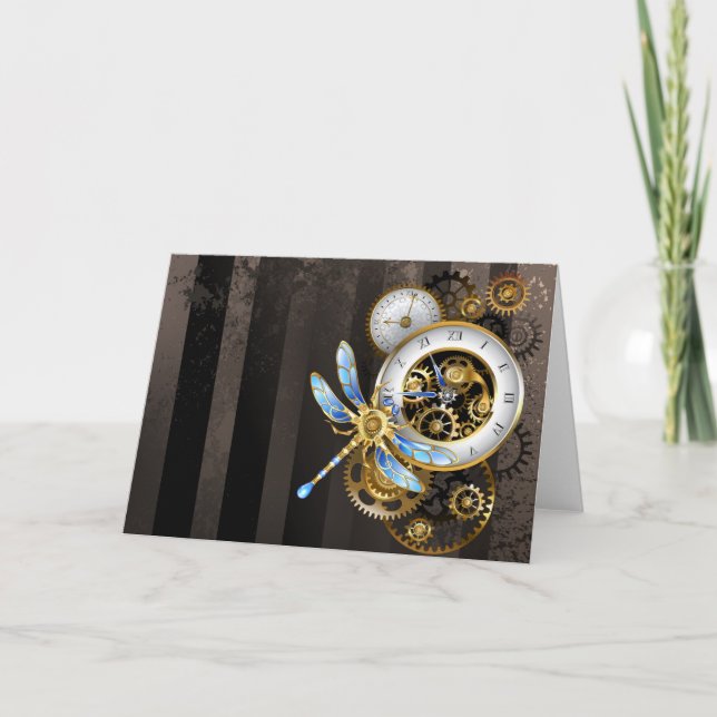 Cartão De Notas Relógio Steampunk com Dragonfly Mecânica (Frente)
