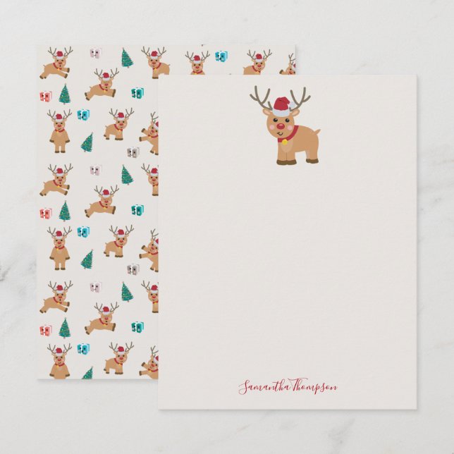 Cartão De Notas Rena de Natal Bonita com Nome Personalizado (Frente/Verso)