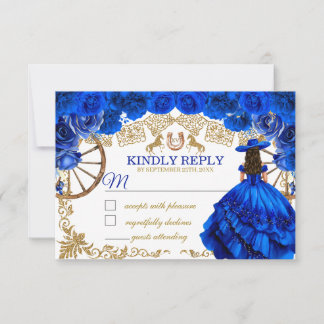 Cartão De Notas Resposta de RSVP Azul Real Dourado para Festa de Q