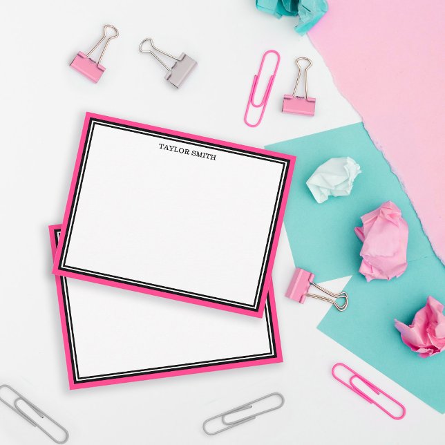 Cartão De Notas Retro Black Hot Pink Borders Adicionar Seu Nome (Criador carregado)