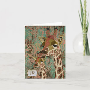 Cartão De Notas Rosa Giraffes Damask Monogram Notecard