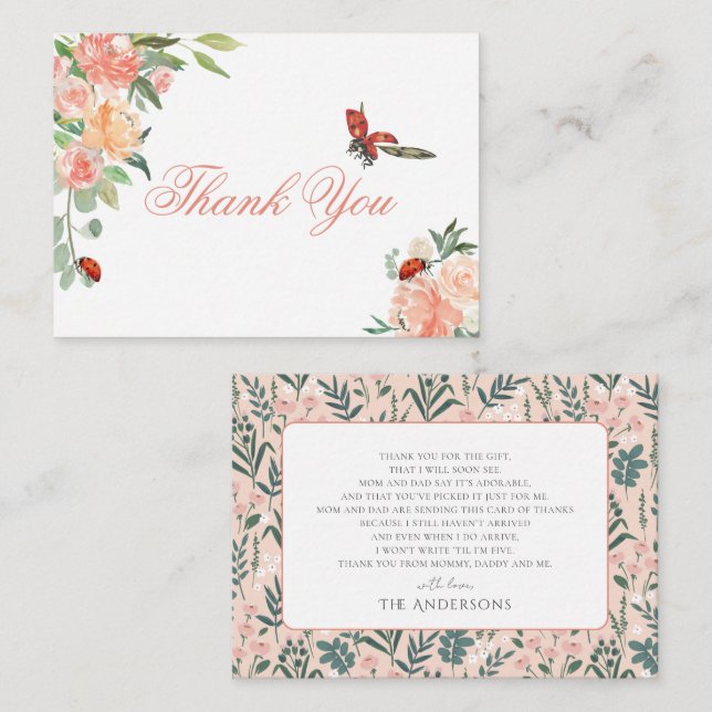 Cartão De Notas Rosa Lady Ladybug Chá de fraldas Obrigado (Frente/Verso)