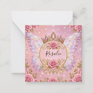 Cartão De Notas Rosas Borboleta Fada Princesa Floral Rosa e Dourad