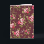 Cartão De Notas Rosas de Vintage Elegante com Fundo Monograma-Maro<br><div class="desc">Grelhas maravilhosas de rosas românticas elegantes e folhagem verde esmagadora sobre fundo de marrom escuro. Monograma opcional em elementos quadrados editáveis. Dentro apresenta cor de fundo complementar, gráfico rosa opcional e dois campos de texto editáveis. O padrão é perfeito e pode ser redimensionado para cima ou para baixo usando os...</div>