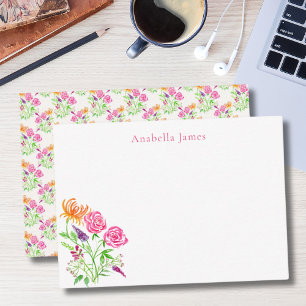 Cartão De Notas Rosas Elegantes em Aquarela, Boca-de-Leão e Flores