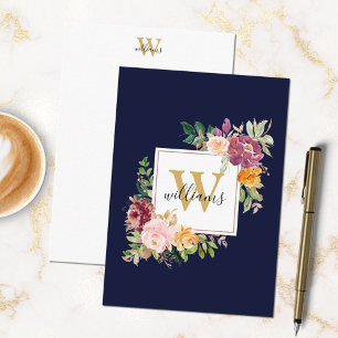 Cartão De Notas Rosas em Aquarela com Monograma Flores Floral Dour