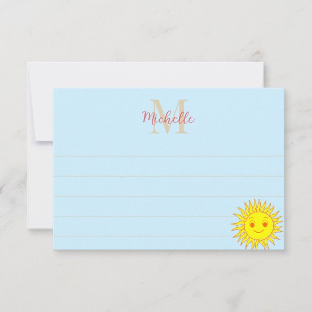 Cartão De Notas Rosto Feliz Monograma Personalizado com Linhas de  (Frente)