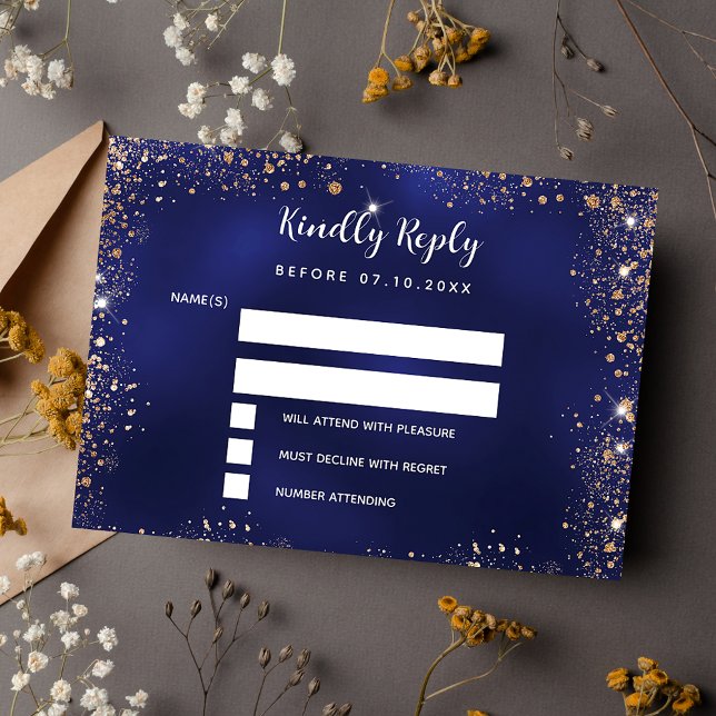 Cartão De Notas RSVP de casamento com dourado azul marinho (Criador carregado)