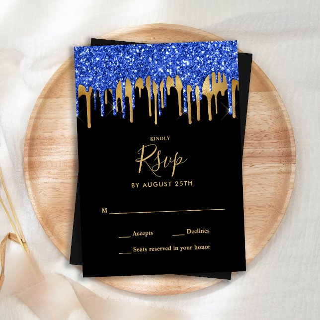 Cartão De Notas RSVP de Casamento de Glitter Dourado Azul-Preto El (Criador carregado)