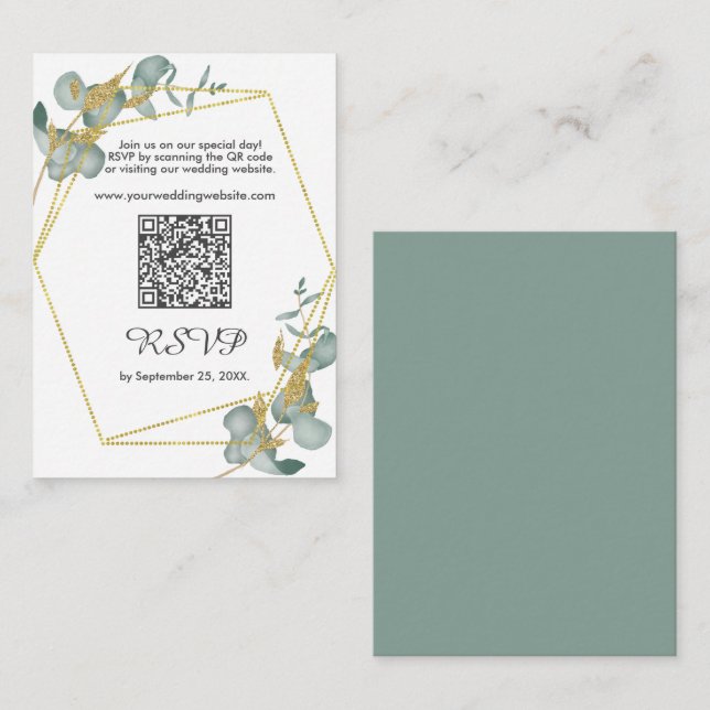 Cartão De Notas RSVP de Quadro Glitter Dourado Eucalyptus com códi (Frente/Verso)