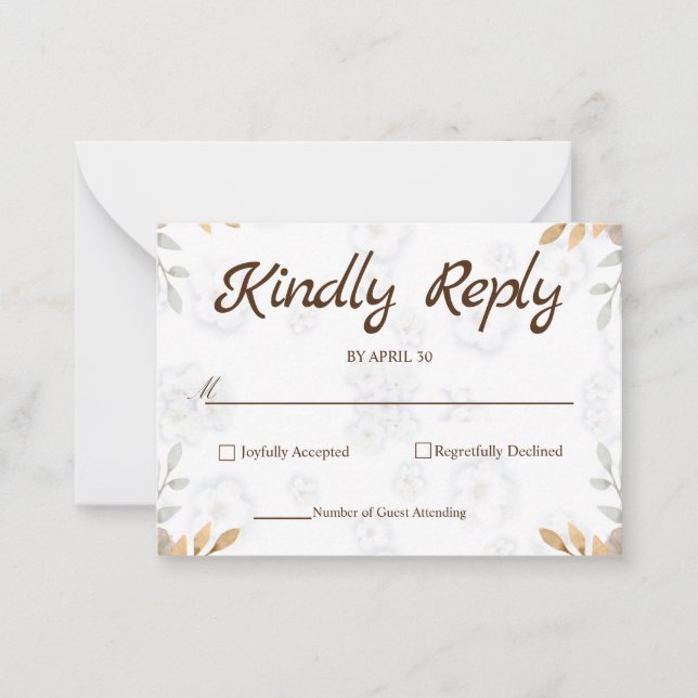 Cartão De Notas RSVP Simples Elegante de Placa RSVP Floral Branca (Frente)