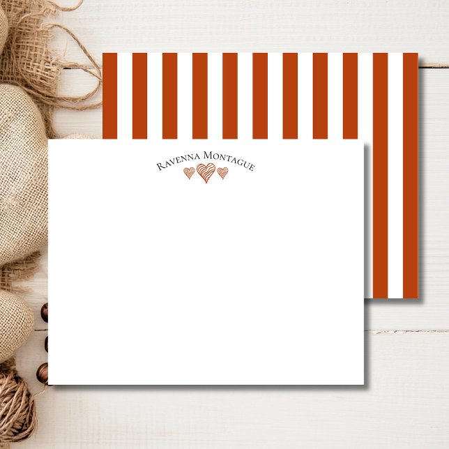 Cartão De Notas Rust Elegant Wavy Hearts Striped Note Card (Criador carregado)