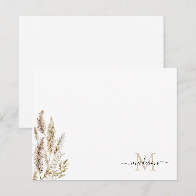 Cartão De Notas Rustic Boho Chic Pampas Palma De Grama Deixa Monog (Frente/Verso)