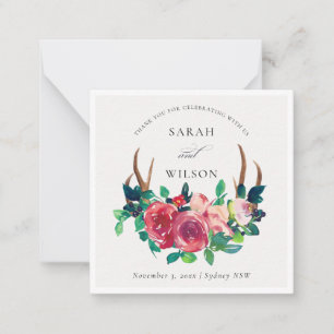 Cartão De Notas Rustic Boho Floral Stag Antlers Casamento Obrigado