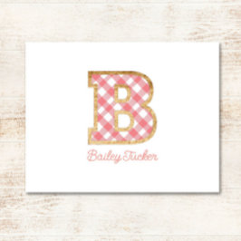 Cartão De Notas Rustic & Preppy "B" Pink Gingham em Wood Girly