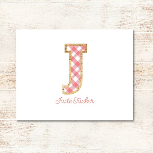 Cartão De Notas Rustic & Preppy "J" Pink Gingham em Wood Girly (Criador carregado)